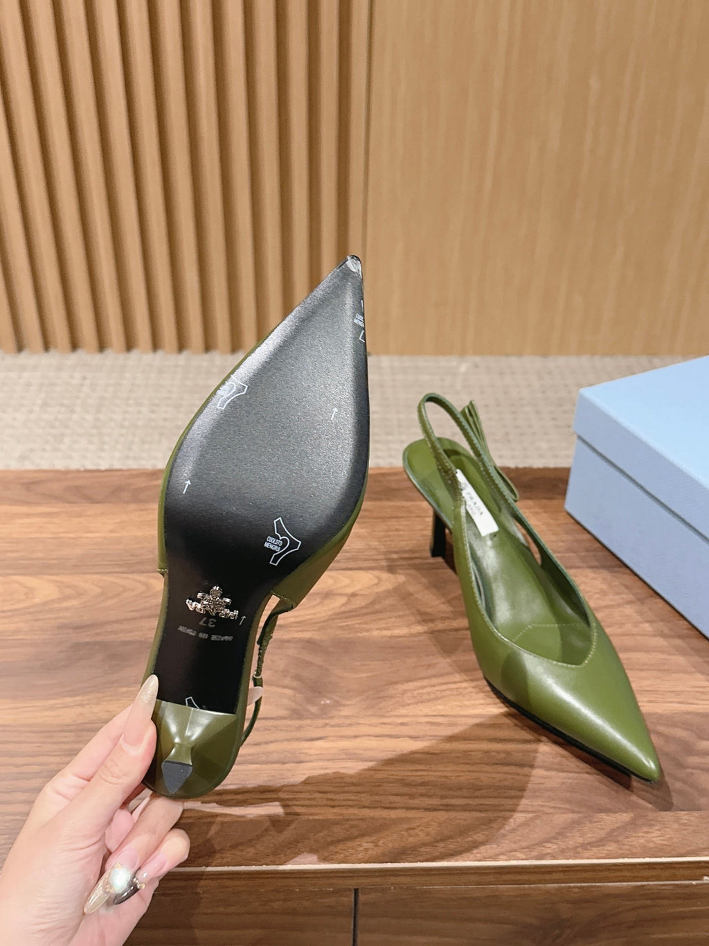 PRADA 26S SLINGBACK PUMPS IN OLIVE GREEN CALFSKIN