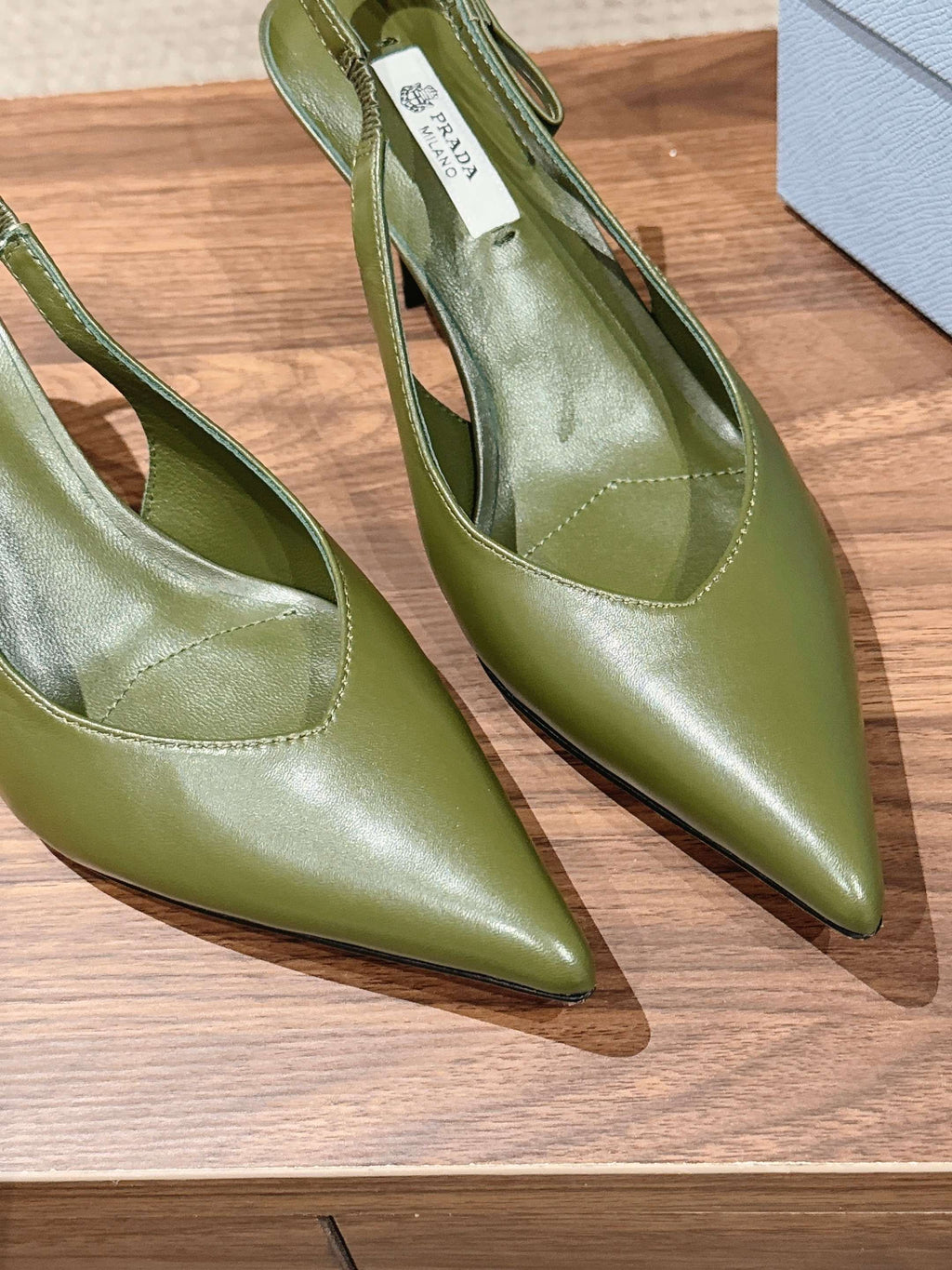 PRADA 26S SLINGBACK PUMPS IN OLIVE GREEN CALFSKIN