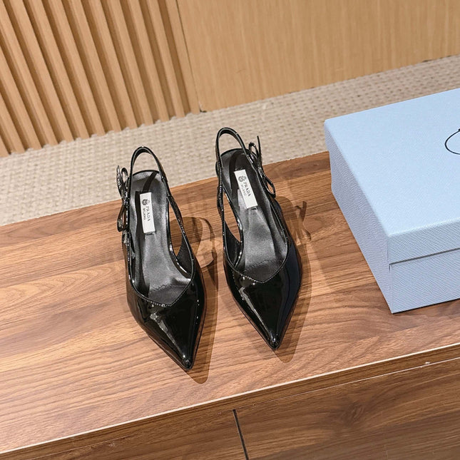 PRADA 26S SLINGBACK PUMPS IN BLACK PATENT CALFSKIN