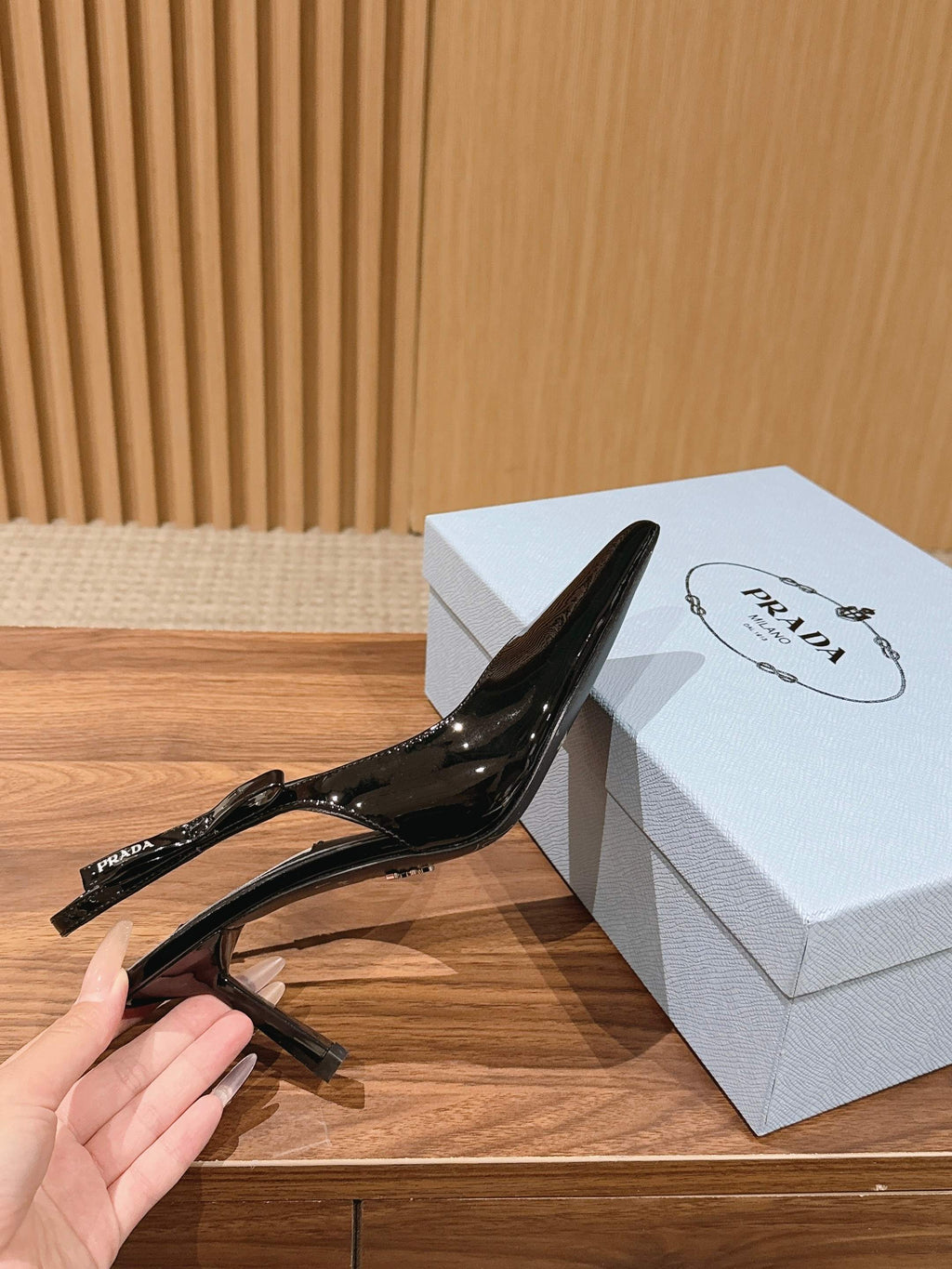 PRADA 26S SLINGBACK PUMPS IN BLACK PATENT CALFSKIN