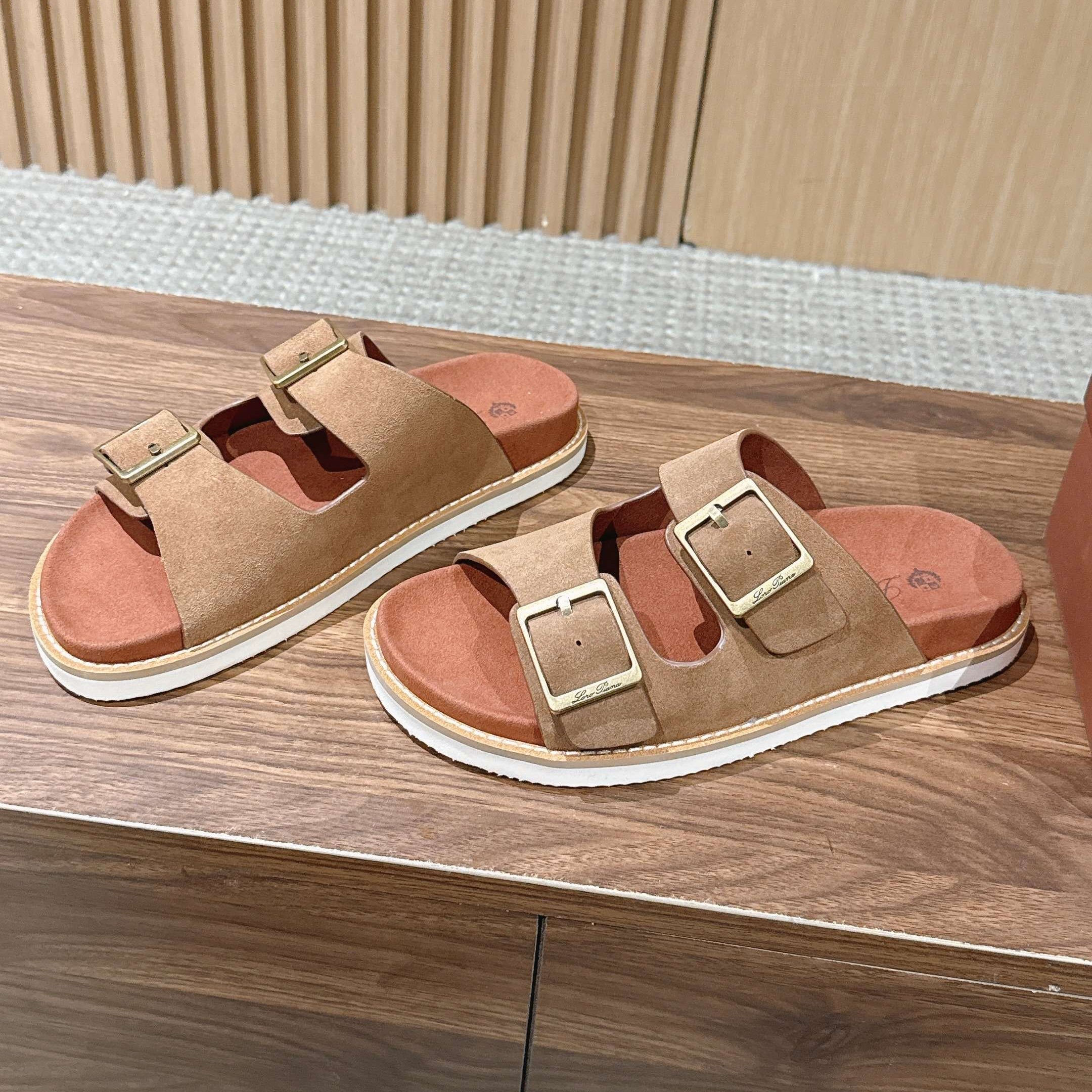 LP 26S DOUBLE BUCKLE SLIDES IN BROWN SUEDE GOLD HARDWARE