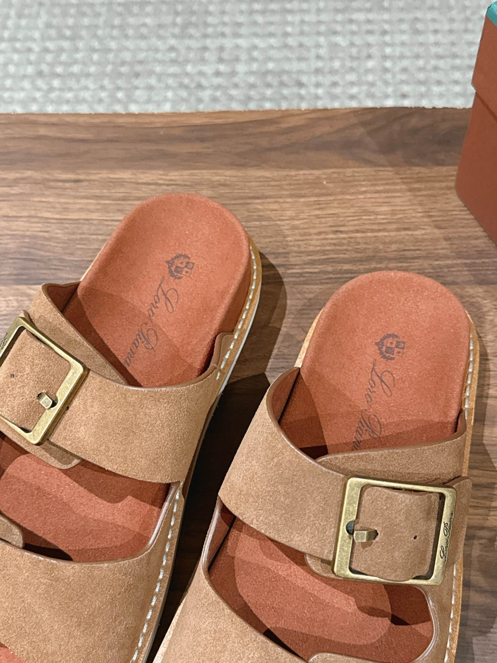 LP 26S DOUBLE BUCKLE SLIDES IN BROWN SUEDE GOLD HARDWARE