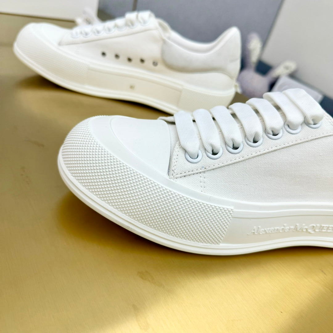 ALEXANDER MCQUEEN DECK PLIMSOLL SNEAKERS IN WHITE CANVAS