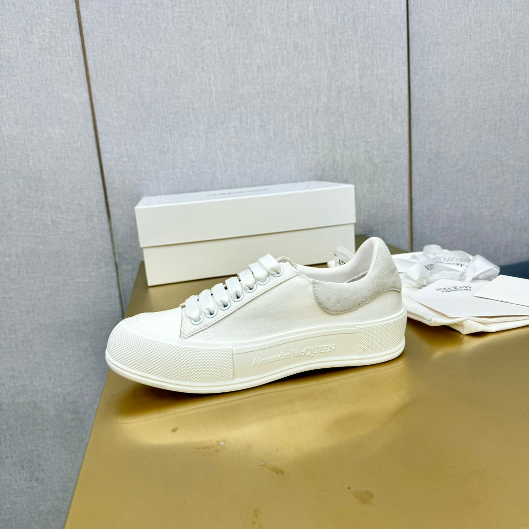 ALEXANDER MCQUEEN DECK PLIMSOLL SNEAKERS IN WHITE CANVAS