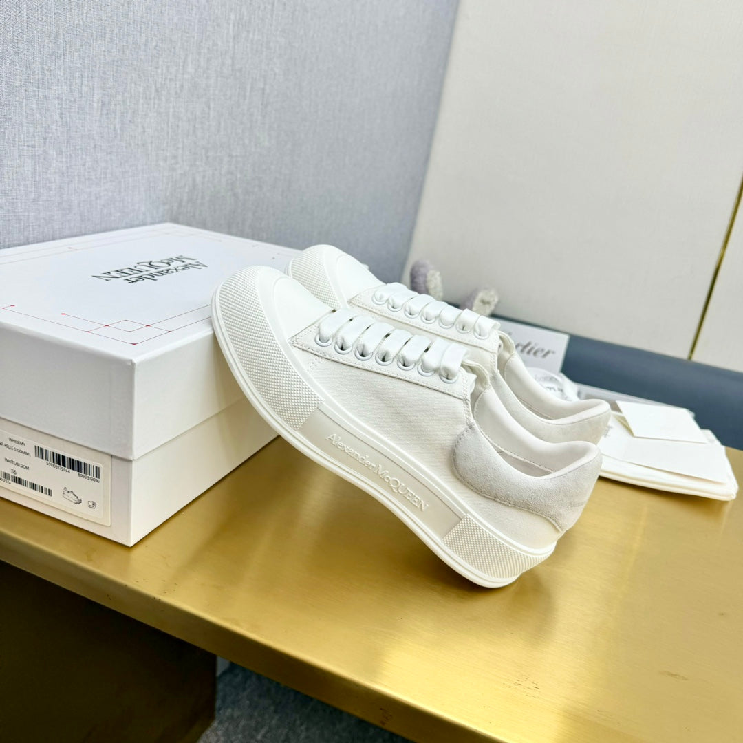 ALEXANDER MCQUEEN DECK PLIMSOLL SNEAKERS IN WHITE CANVAS