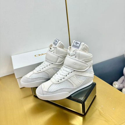 CHLOE 26S HIGH-TOP SKATE SNEAKERS IN WHITE CALFSKIN AND MESH