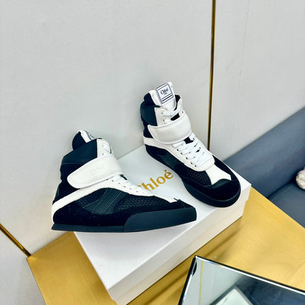 CHLOE 26S HIGH-TOP SKATE SNEAKERS IN WHITE CALFSKIN AND BLACK MESH