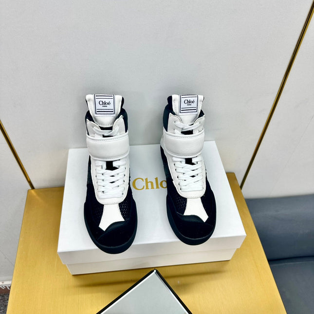 CHLOE 26S HIGH-TOP SKATE SNEAKERS IN WHITE CALFSKIN AND BLACK MESH