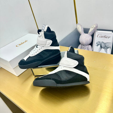 CHLOE 26S HIGH-TOP SKATE SNEAKERS IN WHITE CALFSKIN AND BLACK MESH