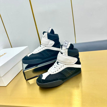 CHLOE 26S HIGH-TOP SKATE SNEAKERS IN WHITE CALFSKIN AND BLACK MESH