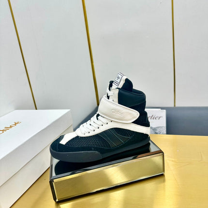 CHLOE 26S HIGH-TOP SKATE SNEAKERS IN WHITE CALFSKIN AND BLACK MESH