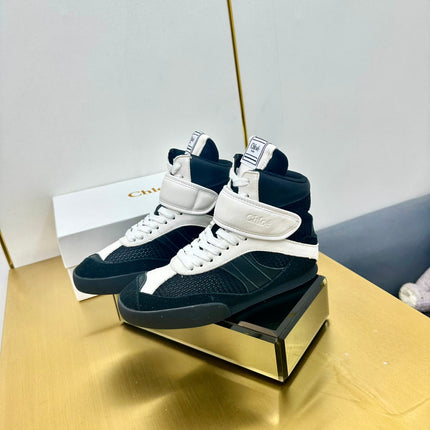 CHLOE 26S HIGH-TOP SKATE SNEAKERS IN WHITE CALFSKIN AND BLACK MESH