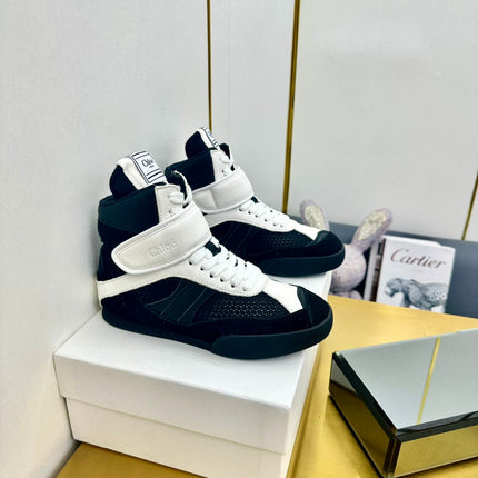 CHLOE 26S HIGH-TOP SKATE SNEAKERS IN WHITE CALFSKIN AND BLACK MESH