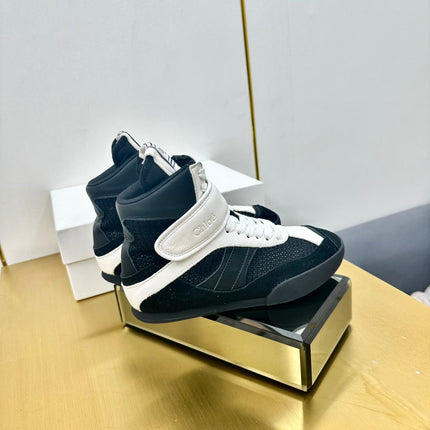 CHLOE 26S HIGH-TOP SKATE SNEAKERS IN WHITE CALFSKIN AND BLACK MESH