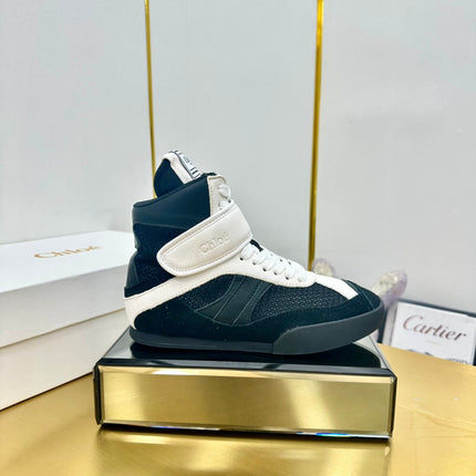 CHLOE 26S HIGH-TOP SKATE SNEAKERS IN WHITE CALFSKIN AND BLACK MESH