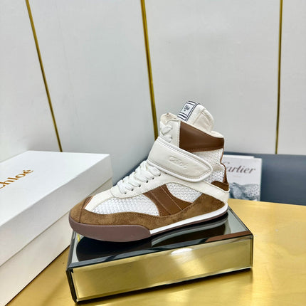 CHLOE 26S HIGH-TOP SKATE SNEAKERS IN CREAM WHITE MESH MIX BROWN SUEDE
