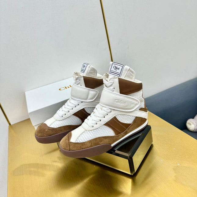 CHLOE 26S HIGH-TOP SKATE SNEAKERS IN CREAM WHITE MESH MIX BROWN SUEDE