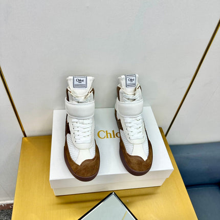 CHLOE 26S HIGH-TOP SKATE SNEAKERS IN CREAM WHITE MESH MIX BROWN SUEDE