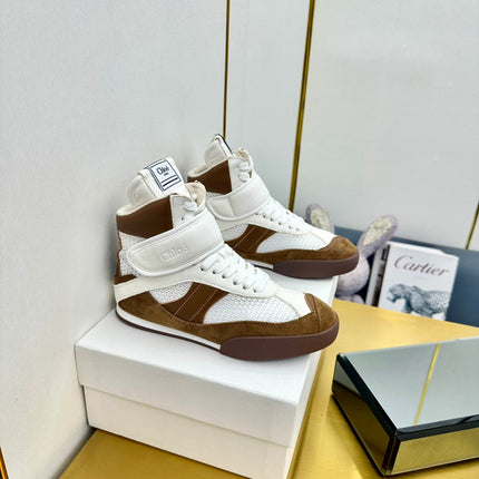 CHLOE 26S HIGH-TOP SKATE SNEAKERS IN CREAM WHITE MESH MIX BROWN SUEDE