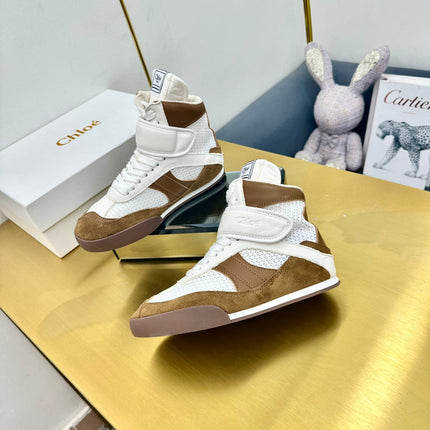 CHLOE 26S HIGH-TOP SKATE SNEAKERS IN CREAM WHITE MESH MIX BROWN SUEDE