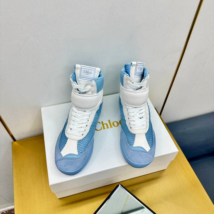 CHLOE 26S HIGH-TOP SKATE SNEAKERS IN WHITE CALFSKIN AND BLUE SUEDE