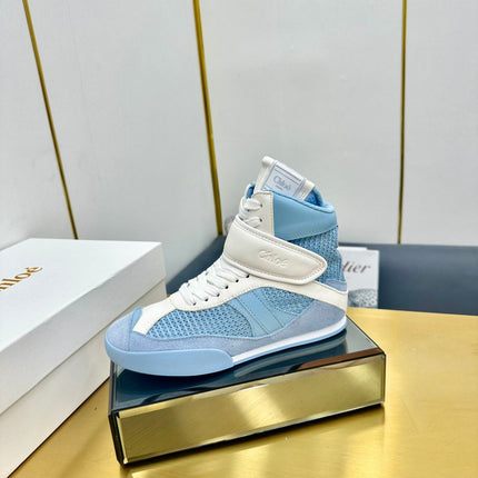 CHLOE 26S HIGH-TOP SKATE SNEAKERS IN WHITE CALFSKIN AND BLUE SUEDE