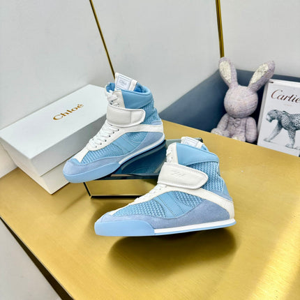 CHLOE 26S HIGH-TOP SKATE SNEAKERS IN WHITE CALFSKIN AND BLUE SUEDE