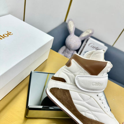 CHLOE 26S HIGH-TOP SKATE SNEAKERS IN CREAM WHITE CALFSKIN AND BROWN SUEDE