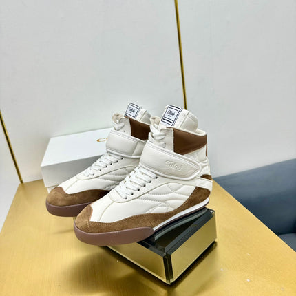 CHLOE 26S HIGH-TOP SKATE SNEAKERS IN CREAM WHITE CALFSKIN AND BROWN SUEDE