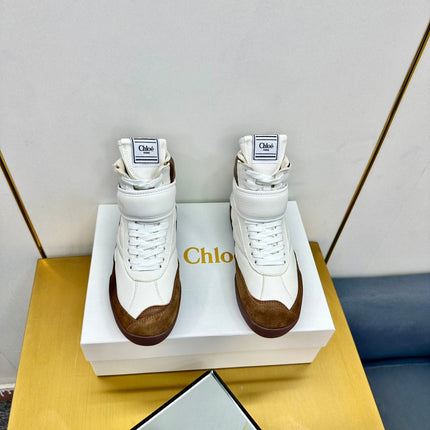 CHLOE 26S HIGH-TOP SKATE SNEAKERS IN CREAM WHITE CALFSKIN AND BROWN SUEDE