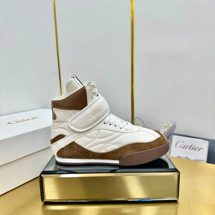 CHLOE 26S HIGH-TOP SKATE SNEAKERS IN CREAM WHITE CALFSKIN AND BROWN SUEDE