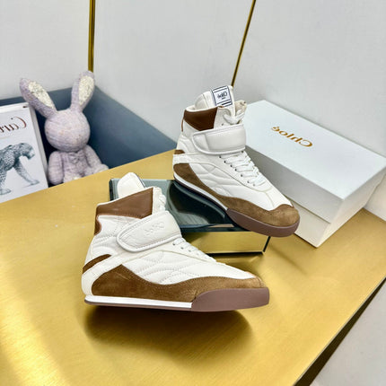 CHLOE 26S HIGH-TOP SKATE SNEAKERS IN CREAM WHITE CALFSKIN AND BROWN SUEDE