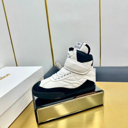CHLOE 26S HIGH-TOP SKATE SNEAKERS IN WHITE CALFSKIN AND BLACK SUEDE