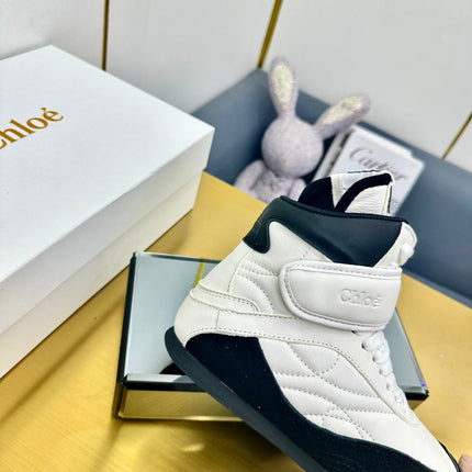 CHLOE 26S HIGH-TOP SKATE SNEAKERS IN WHITE CALFSKIN AND BLACK SUEDE