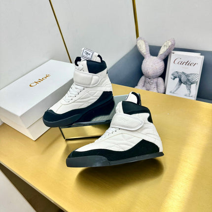 CHLOE 26S HIGH-TOP SKATE SNEAKERS IN WHITE CALFSKIN AND BLACK SUEDE