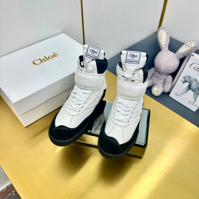 CHLOE 26S HIGH-TOP SKATE SNEAKERS IN WHITE CALFSKIN AND BLACK SUEDE
