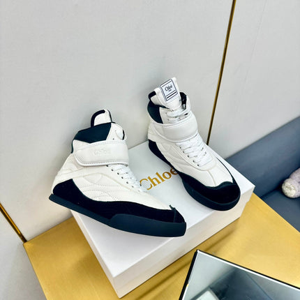 CHLOE 26S HIGH-TOP SKATE SNEAKERS IN WHITE CALFSKIN AND BLACK SUEDE