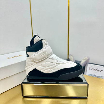 CHLOE 26S HIGH-TOP SKATE SNEAKERS IN WHITE CALFSKIN AND BLACK SUEDE