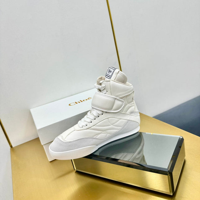 CHLOE 26S HIGH-TOP SKATE SNEAKERS IN WHITE CALFSKIN AND LIGHT GREY SUEDE
