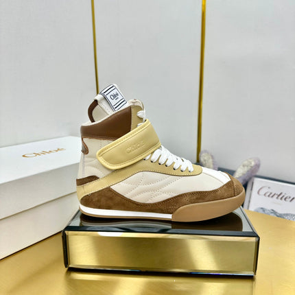CHLOE 26S HIGH-TOP SKATE SNEAKERS IN BEIGE CALFSKIN AND BROWN SUEDE