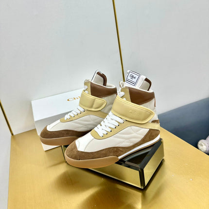 CHLOE 26S HIGH-TOP SKATE SNEAKERS IN BEIGE CALFSKIN AND BROWN SUEDE