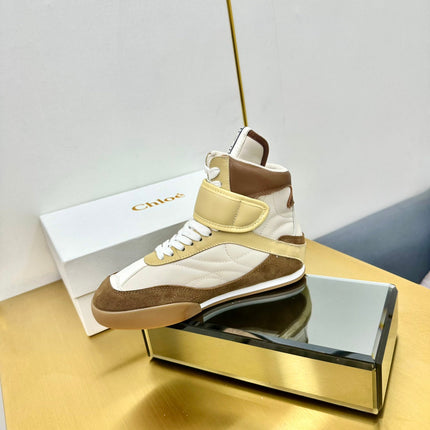 CHLOE 26S HIGH-TOP SKATE SNEAKERS IN BEIGE CALFSKIN AND BROWN SUEDE
