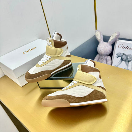 CHLOE 26S HIGH-TOP SKATE SNEAKERS IN BEIGE CALFSKIN AND BROWN SUEDE