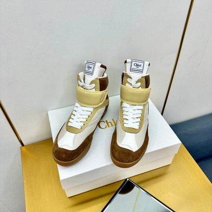 CHLOE 26S HIGH-TOP SKATE SNEAKERS IN BEIGE CALFSKIN AND BROWN SUEDE