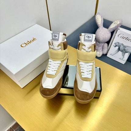 CHLOE 26S HIGH-TOP SKATE SNEAKERS IN BEIGE CALFSKIN AND BROWN SUEDE