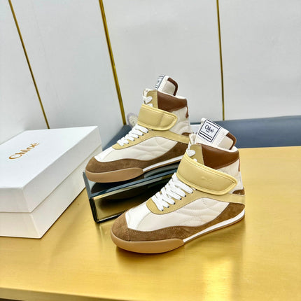 CHLOE 26S HIGH-TOP SKATE SNEAKERS IN BEIGE CALFSKIN AND BROWN SUEDE