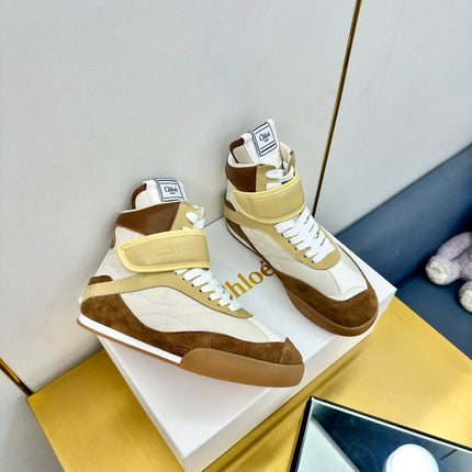 CHLOE 26S HIGH-TOP SKATE SNEAKERS IN BEIGE CALFSKIN AND BROWN SUEDE