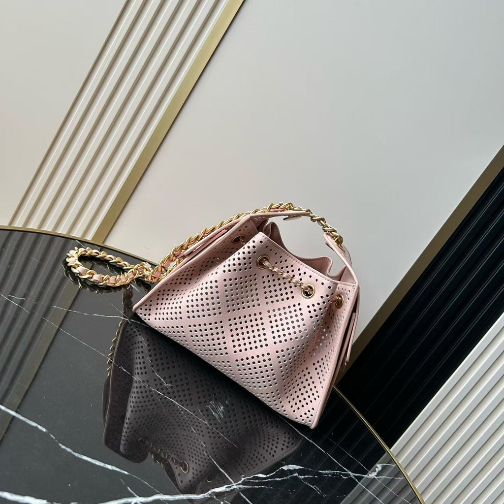 CHANEL 26S HOBO BAG 22 IN LIGHT PINK PERFORATED CALFSKIN GOLD HARDWARE