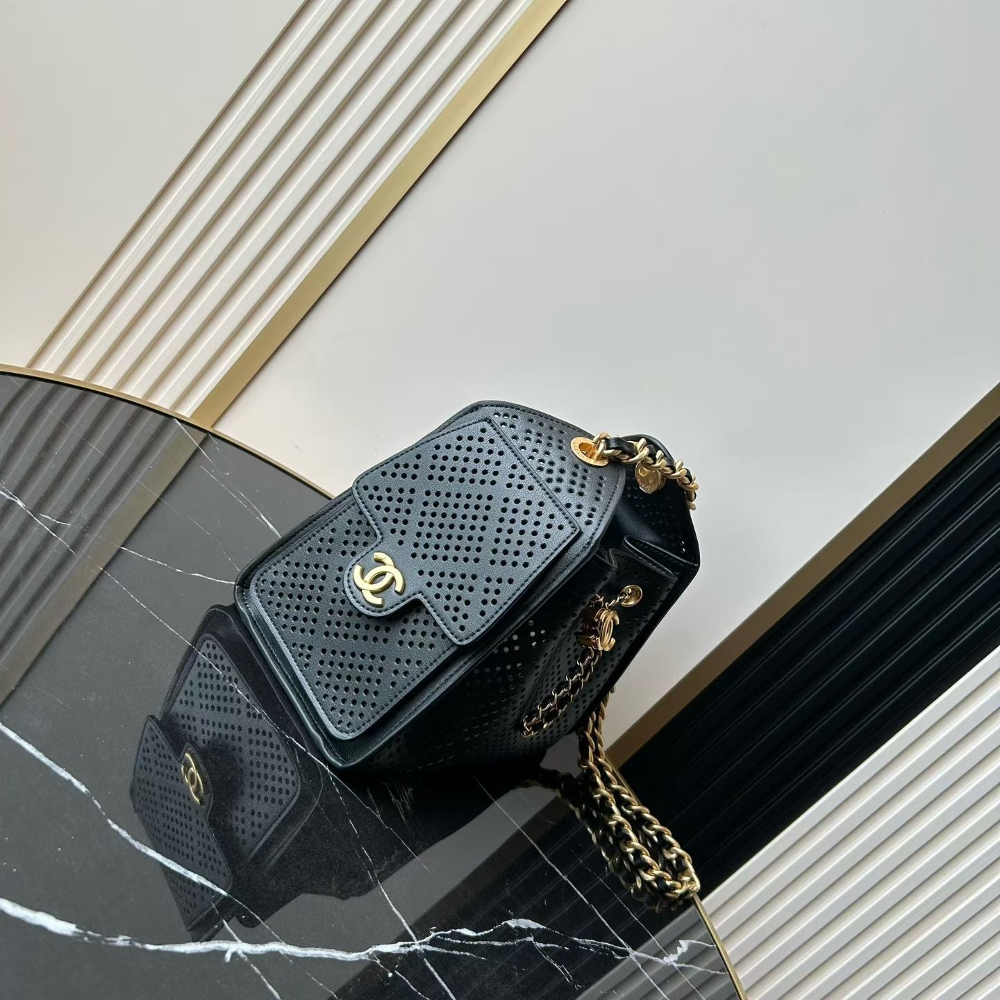 CHANEL 26S HOBO BAG 22 IN BLACK PERFORATED CALFSKIN GOLD HARDWARE