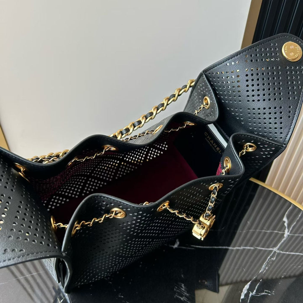 CHANEL 26S HOBO BAG MEDIUM 30 IN BLACK PERFORATED CALFSKIN GOLD HARDWARE